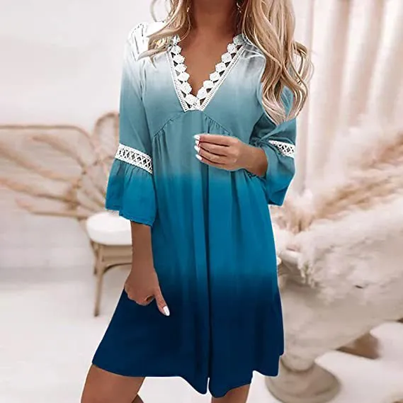 Flytonn-Graduation Gift Back to School Season Summer Vacation Dress Spring Outfit V-neck Printed Lace Stitched Bohemian Casual Holiday Dress