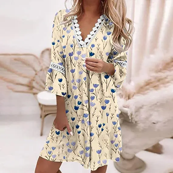 Flytonn-Graduation Gift Back to School Season Summer Vacation Dress Spring Outfit V-neck Printed Lace Stitched Bohemian Casual Holiday Dress