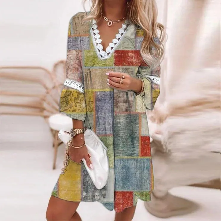 Flytonn-Graduation Gift Back to School Season Summer Vacation Dress Spring Outfit V-neck Printed Lace Stitched Bohemian Casual Holiday Dress