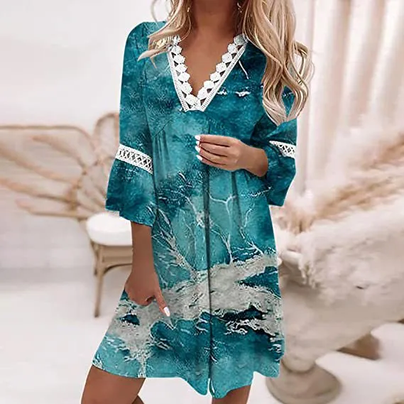 Flytonn-Graduation Gift Back to School Season Summer Vacation Dress Spring Outfit V-neck Printed Lace Stitched Bohemian Casual Holiday Dress