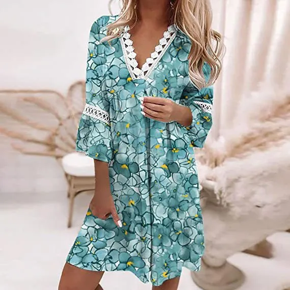 Flytonn-Graduation Gift Back to School Season Summer Vacation Dress Spring Outfit V-neck Printed Lace Stitched Bohemian Casual Holiday Dress