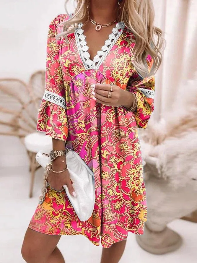 Flytonn-Graduation Gift Back to School Season Summer Vacation Dress Spring Outfit V-neck Printed Lace Stitched Bohemian Casual Holiday Dress