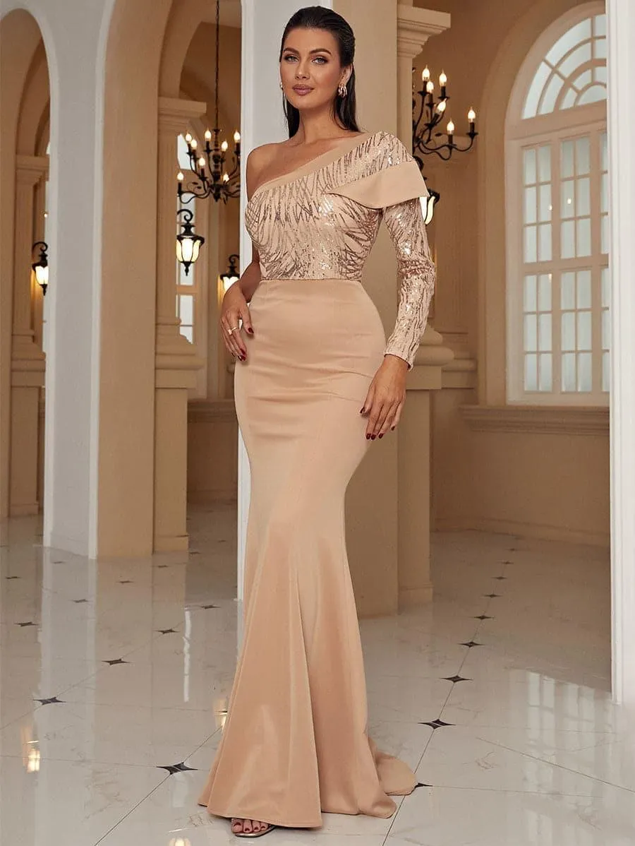 Formal One Shoulder Knit Apricot Dress XJ1548