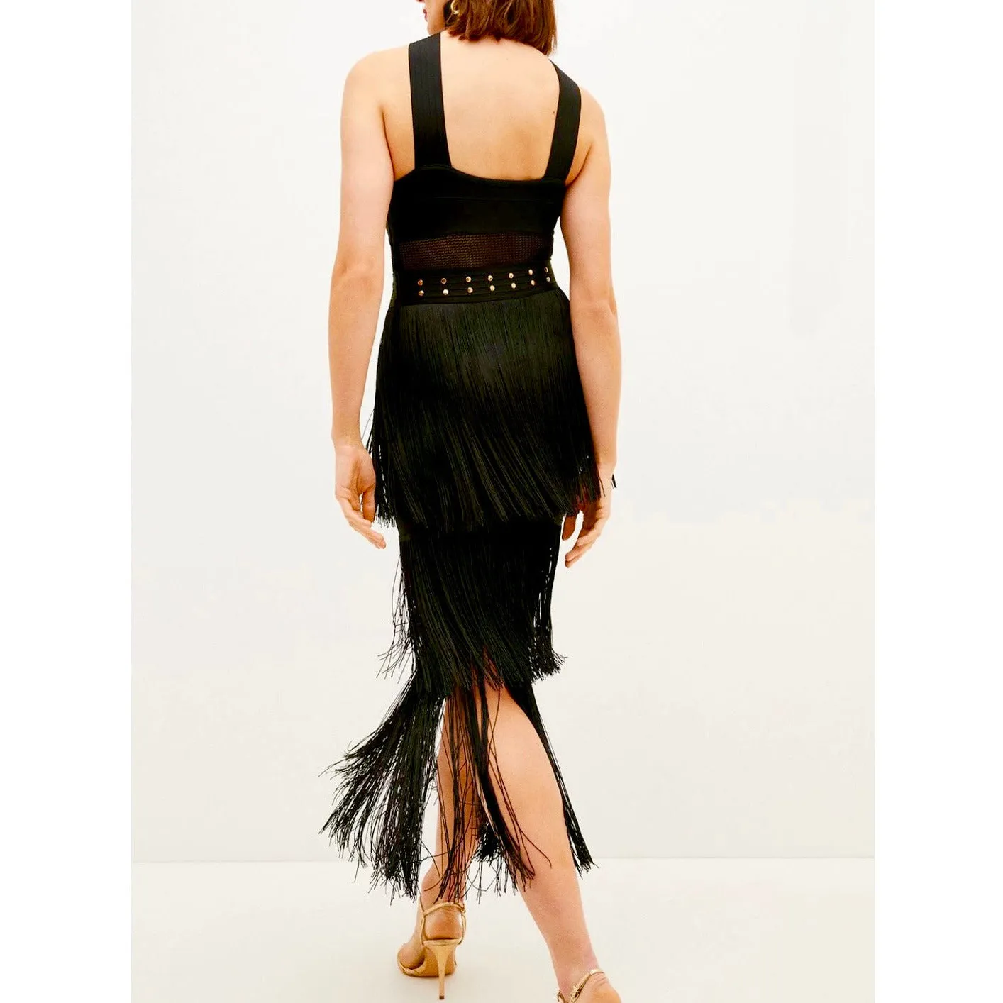 Fringe Bandage Midi Dress - Black
