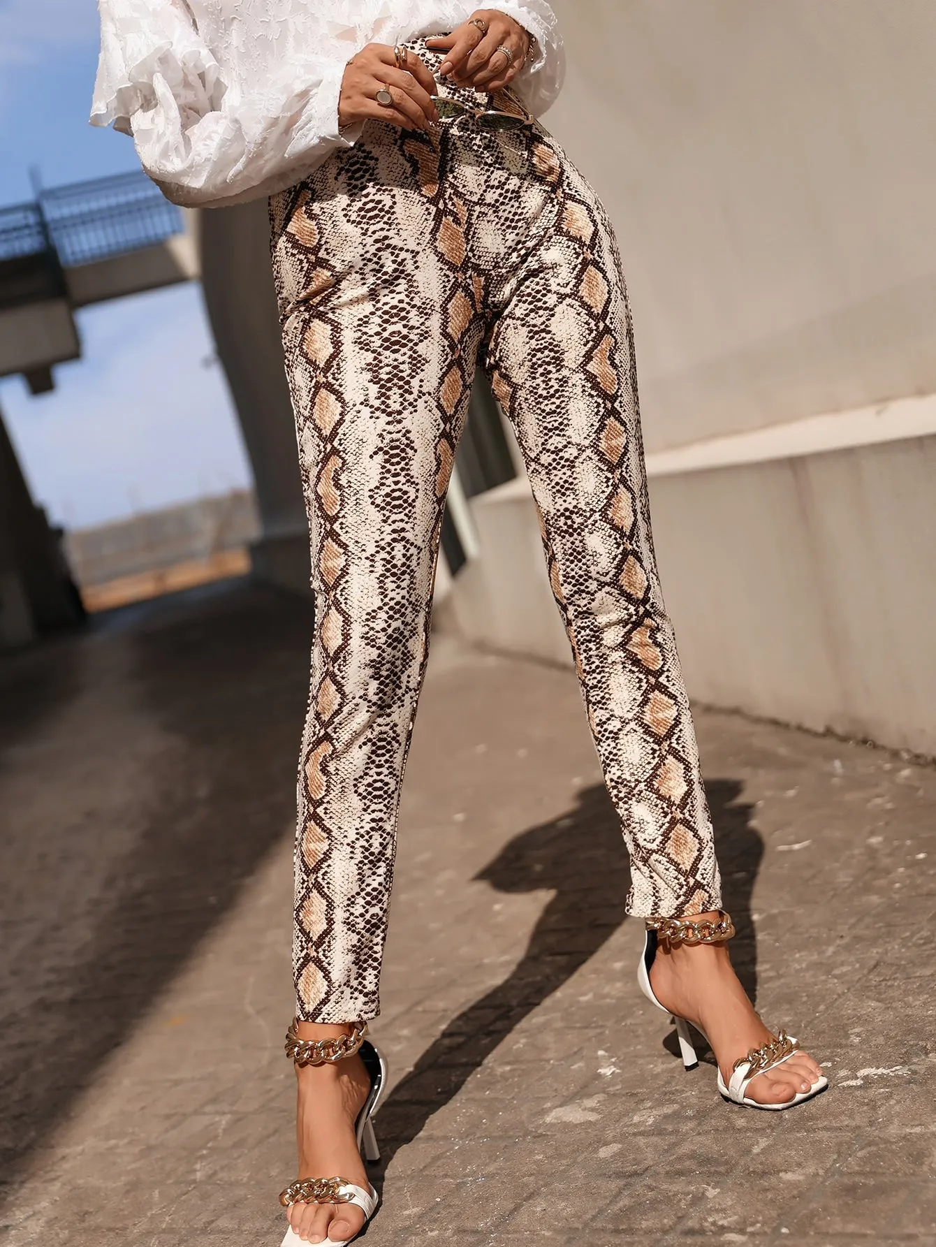Glamorous Snakeskin Print High Waist Long Women Pants