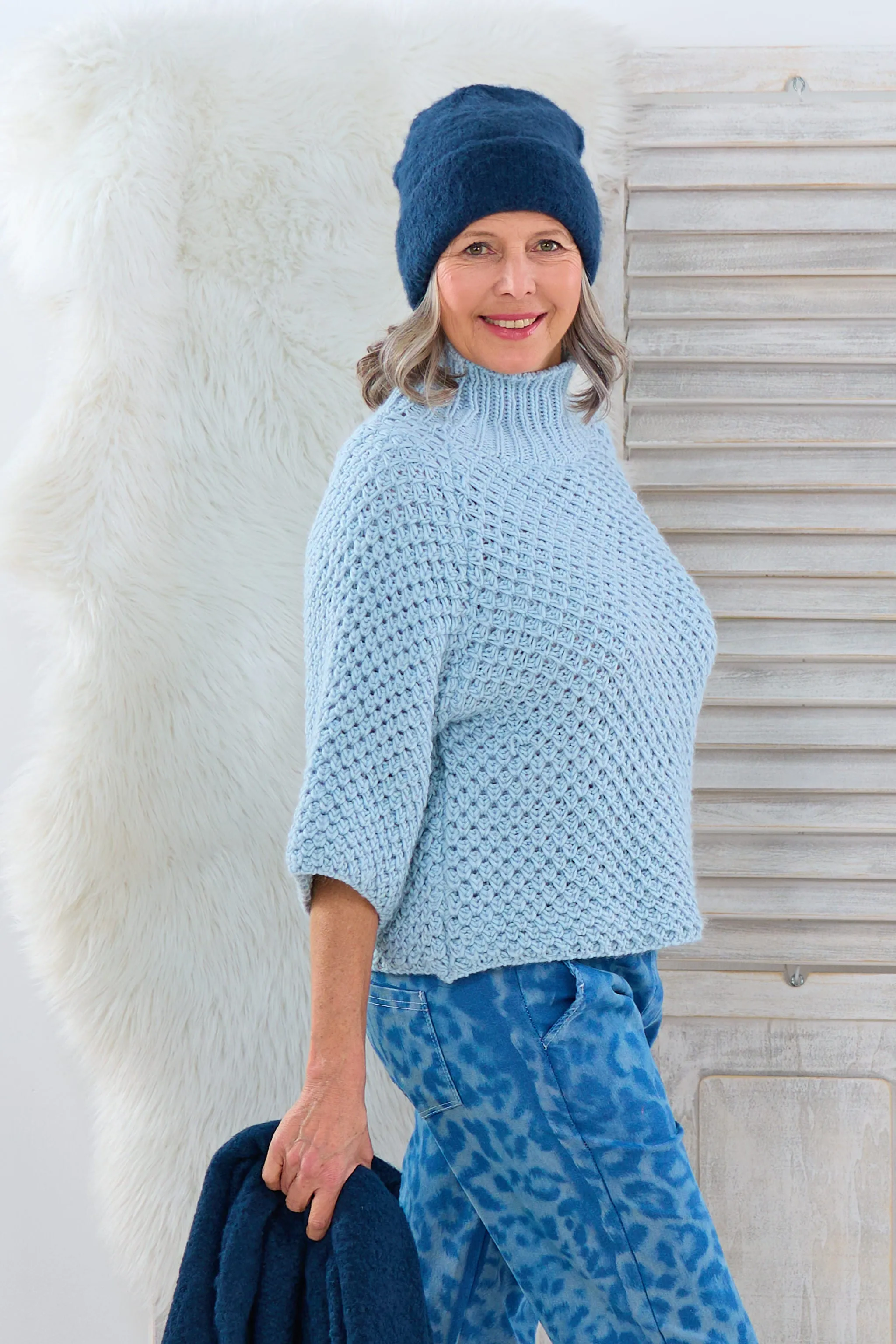 grobgestrickter Pullover mit Turtleneck, hellblau