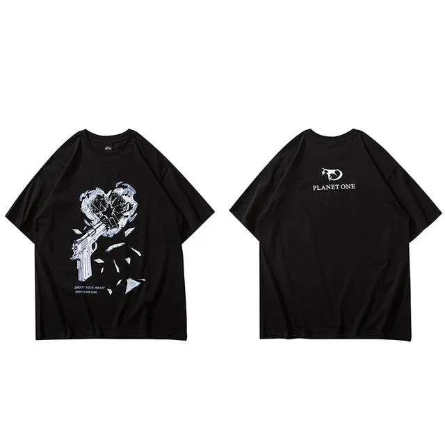 Gun Breaking Heart Print T-shirt