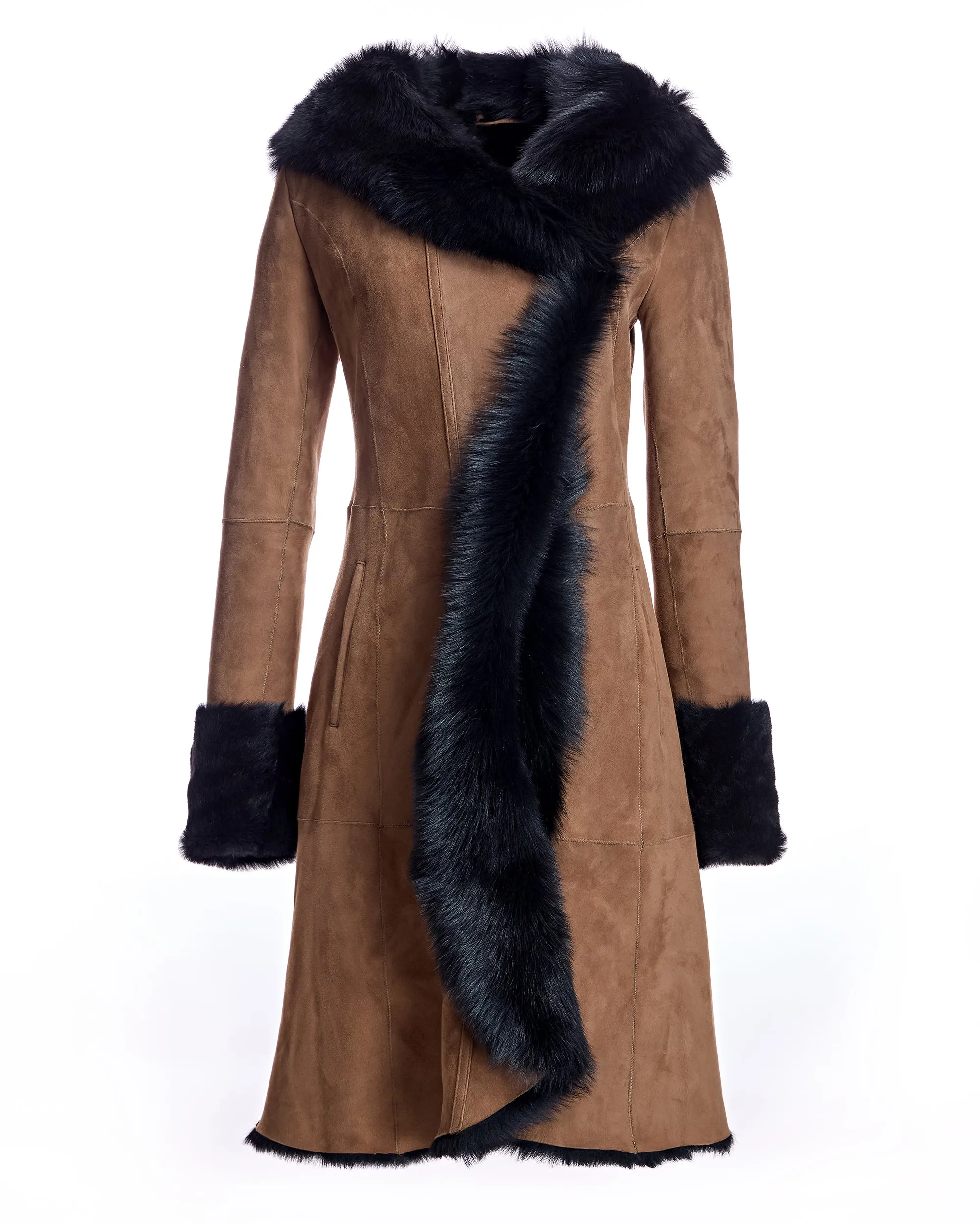Hooded Shearling Short Coat with Ruffle Trim