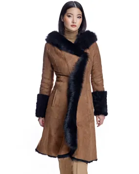 Hooded Shearling Short Coat with Ruffle Trim