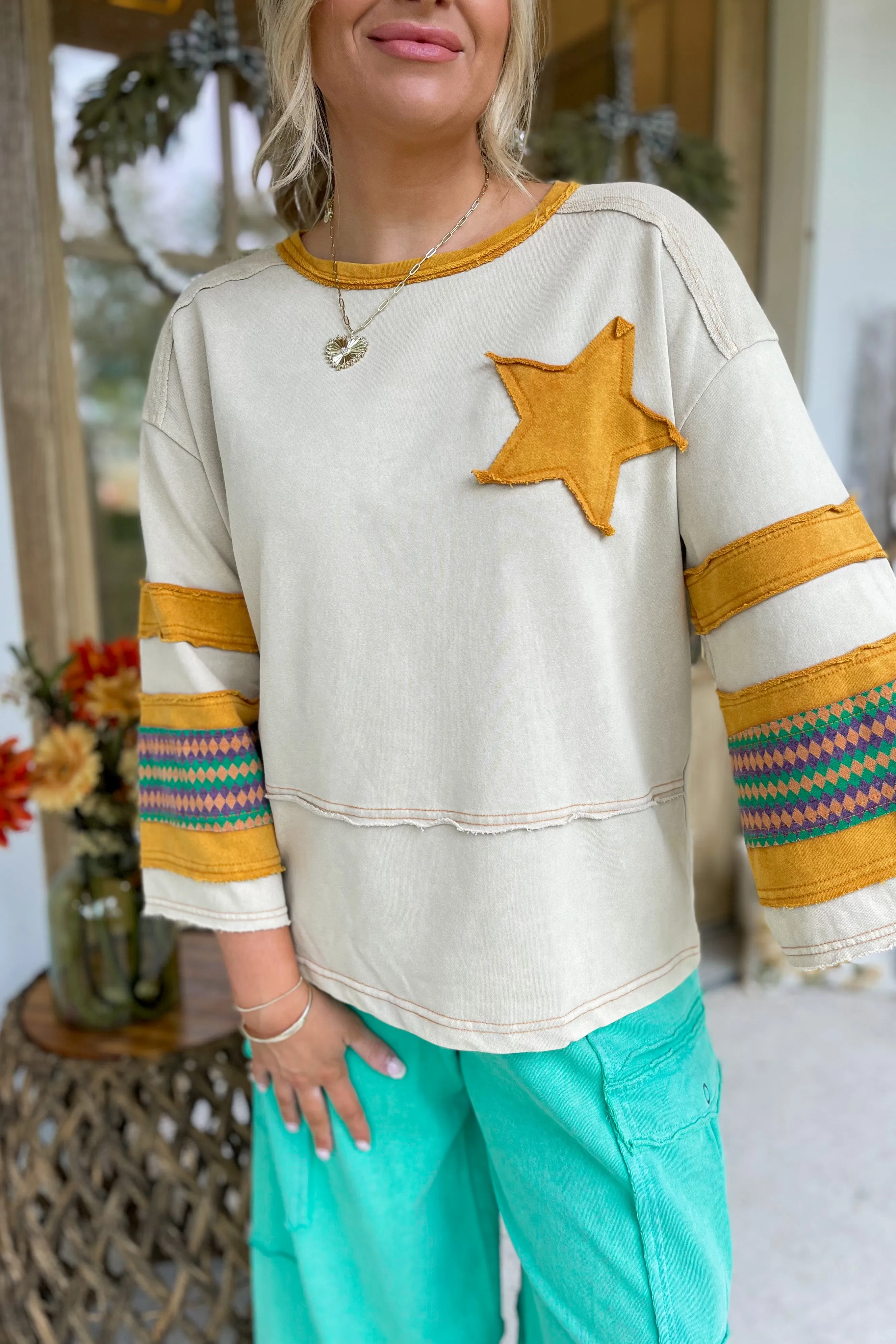 Jamison Long Sleeve Star Patch Terry Knit Pullover Top