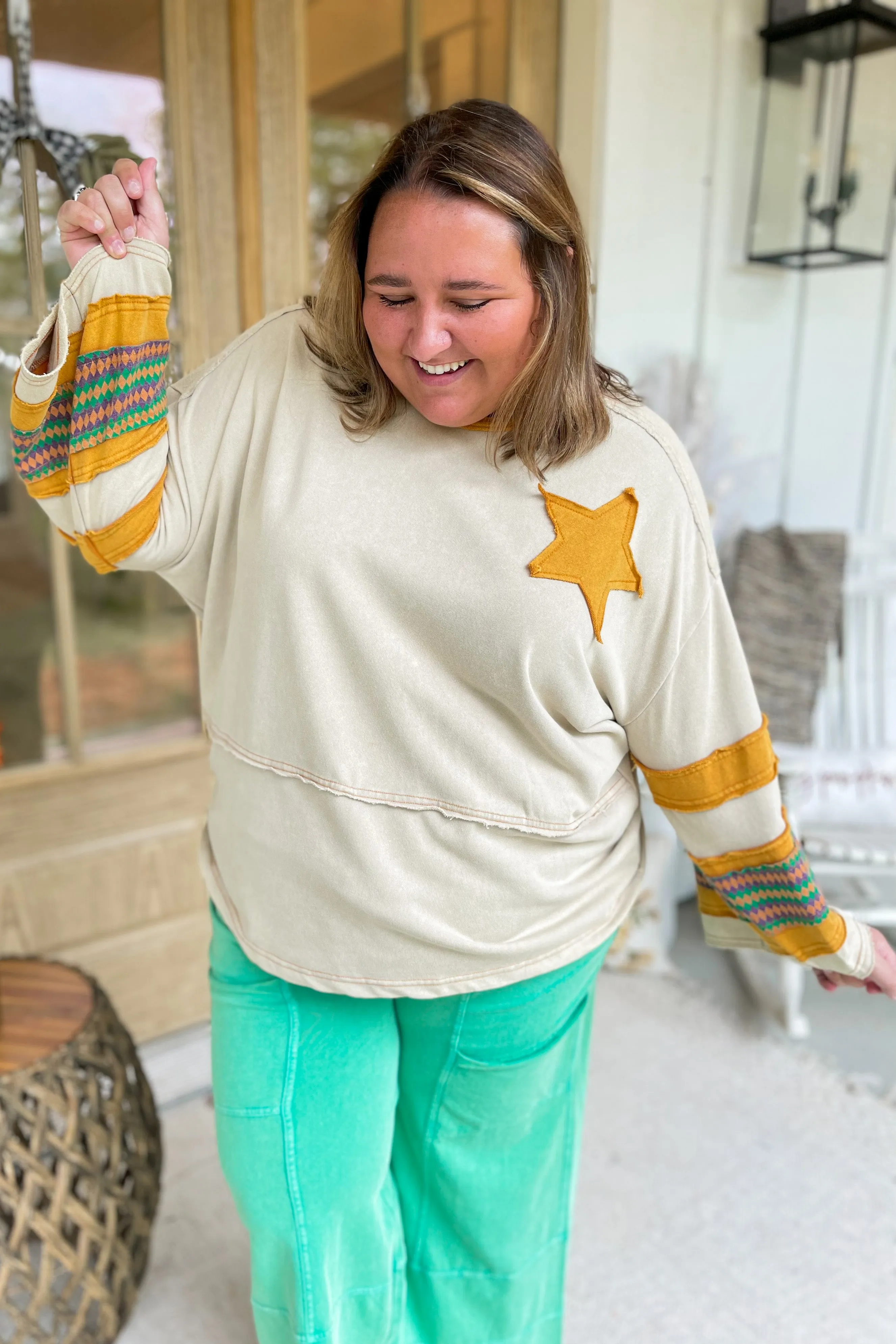Jamison Long Sleeve Star Patch Terry Knit Pullover Top