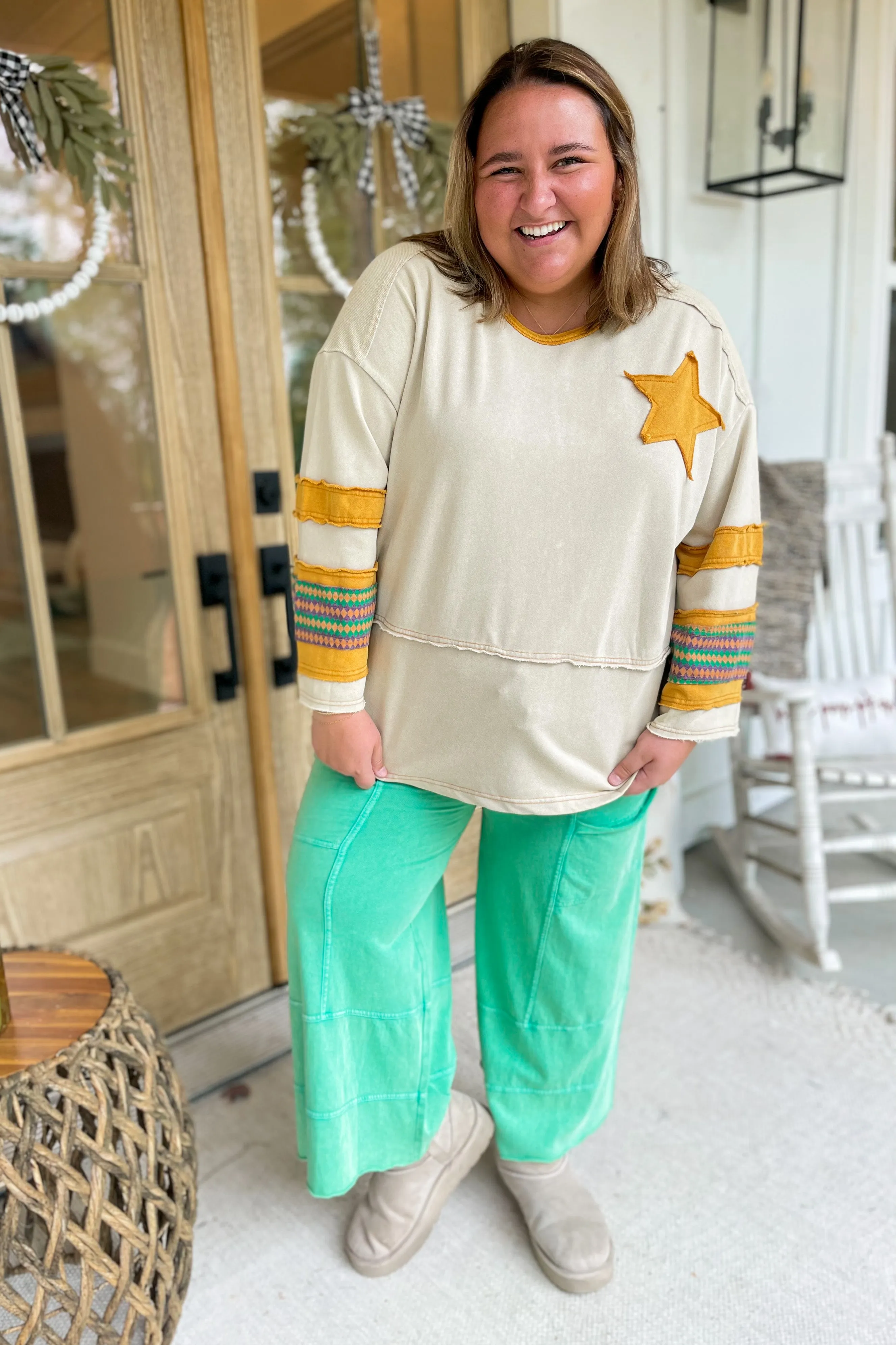 Jamison Long Sleeve Star Patch Terry Knit Pullover Top