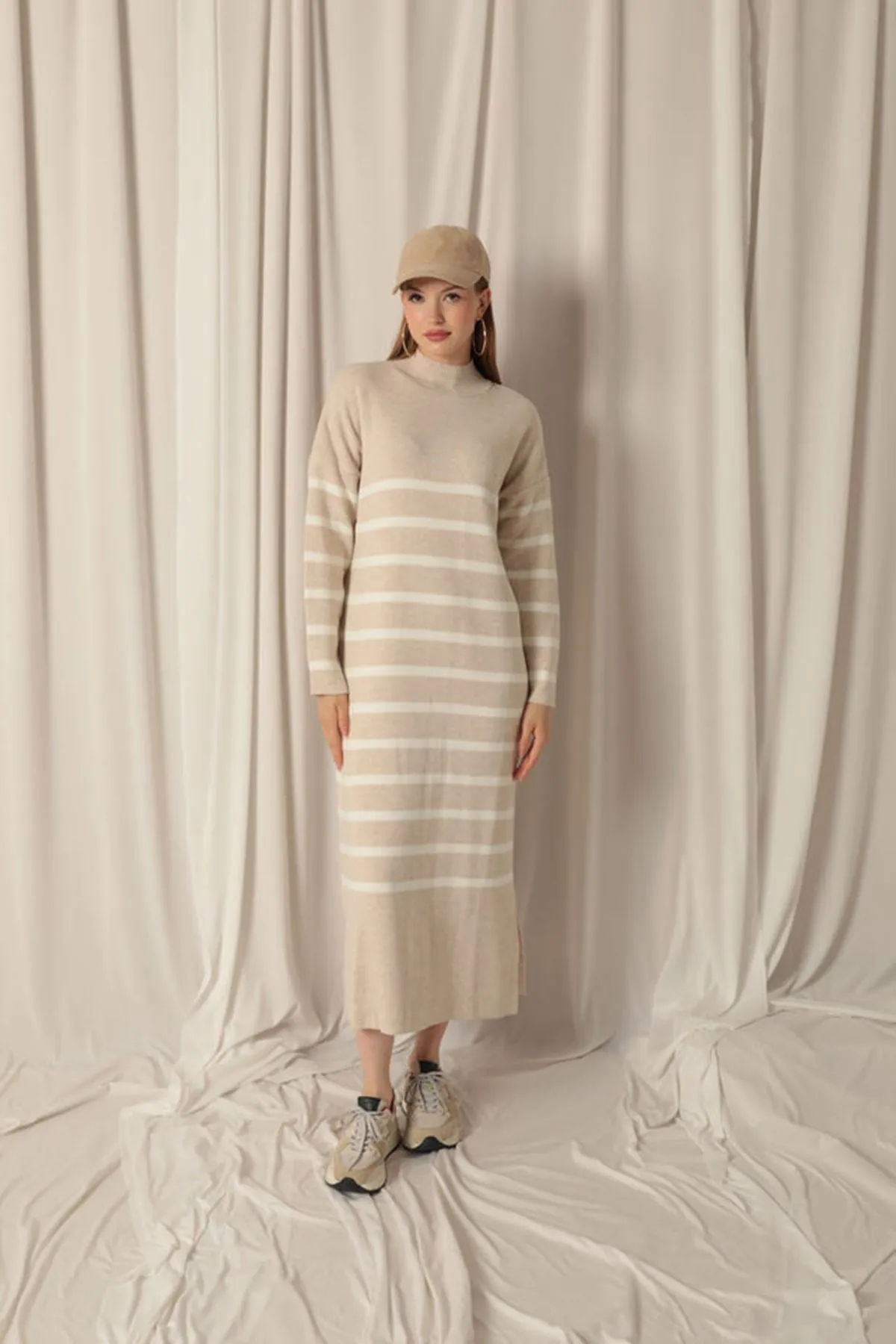 KKT Knit Fabric Turtleneck Striped Stone Dress - Lemgo