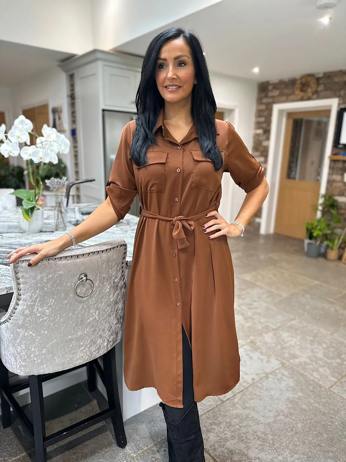 Latte Belted Shirt Dress Hattie