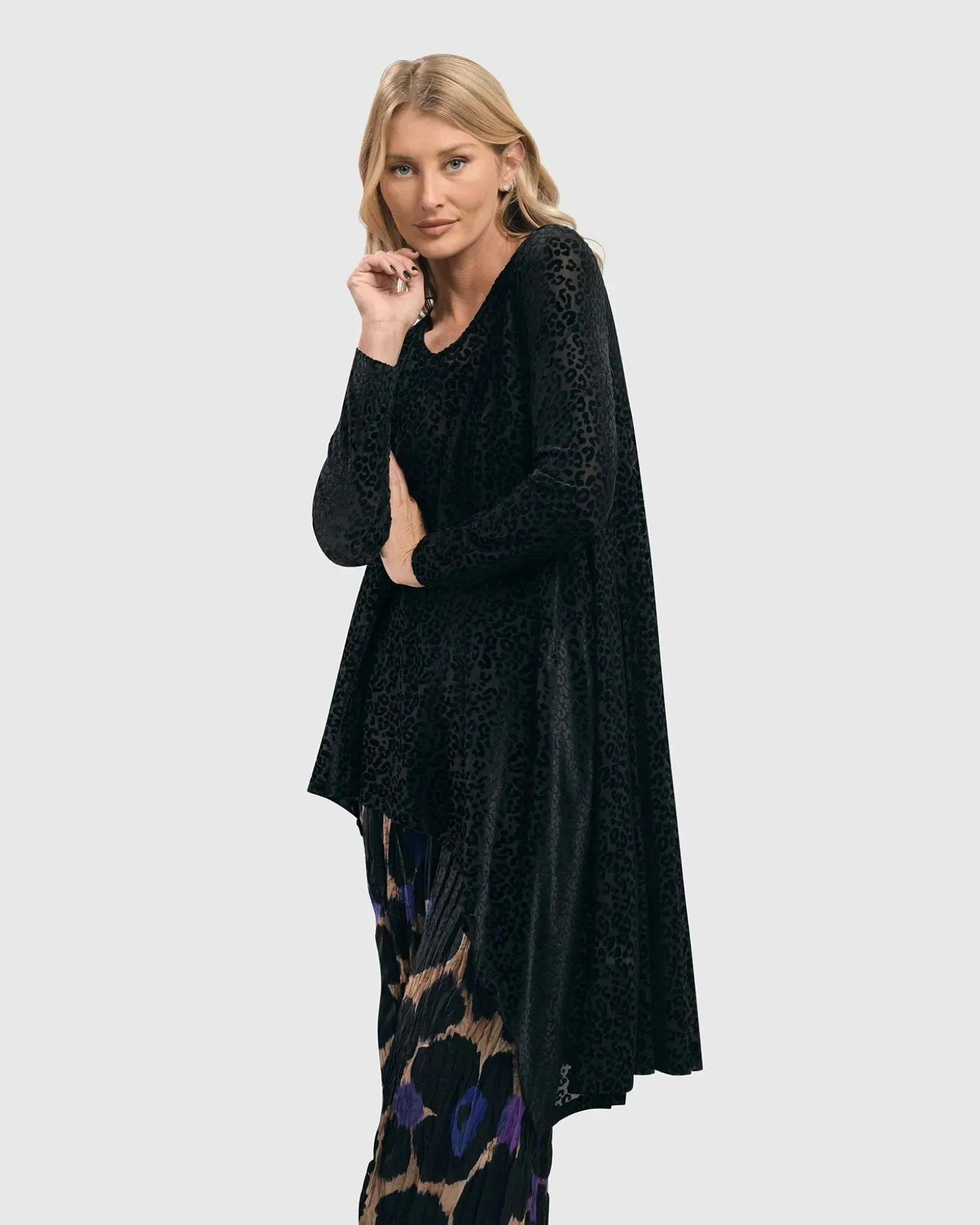 Leo Flocked Velvet Hi-Lo Tunic Top, Black
