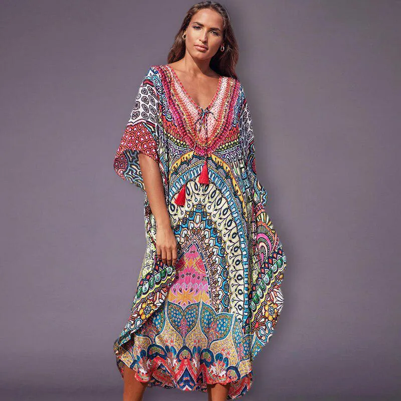 LORYLEI Lovely Bohemian Style Cotton Rayon Blend Print Befree Beach Cruise Dress