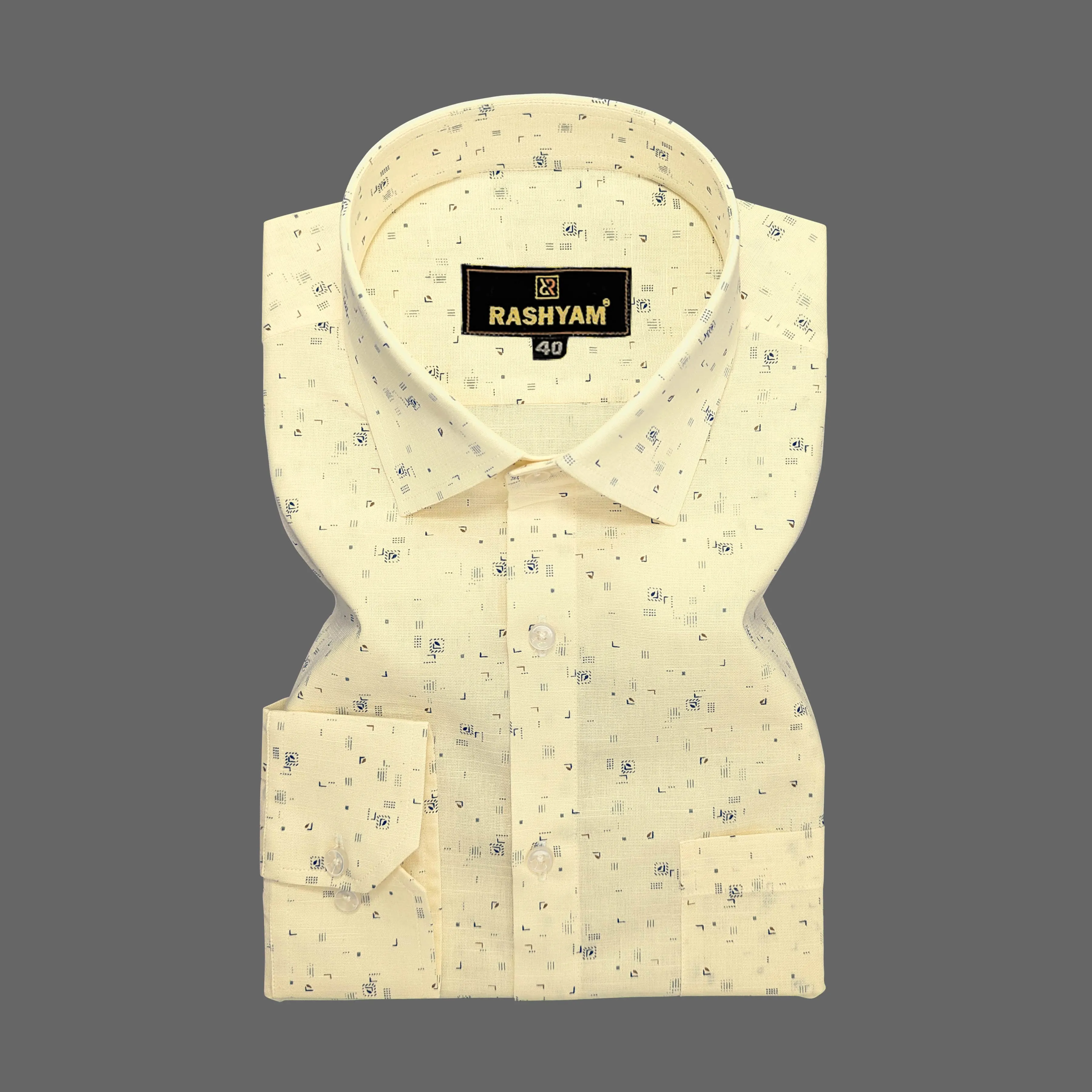 Luxurious Italian Linen Cotton Creamy Yellow With Blue Motif Printed Shirt