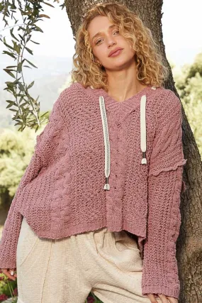 Mauve Cable Knit Hooded Chenille Sweater