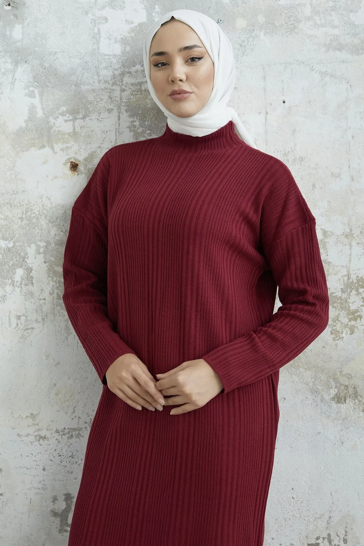 MDS Women Arissa Fisherman Collar Long Knit Dress - Burgundy - Kilmarnock