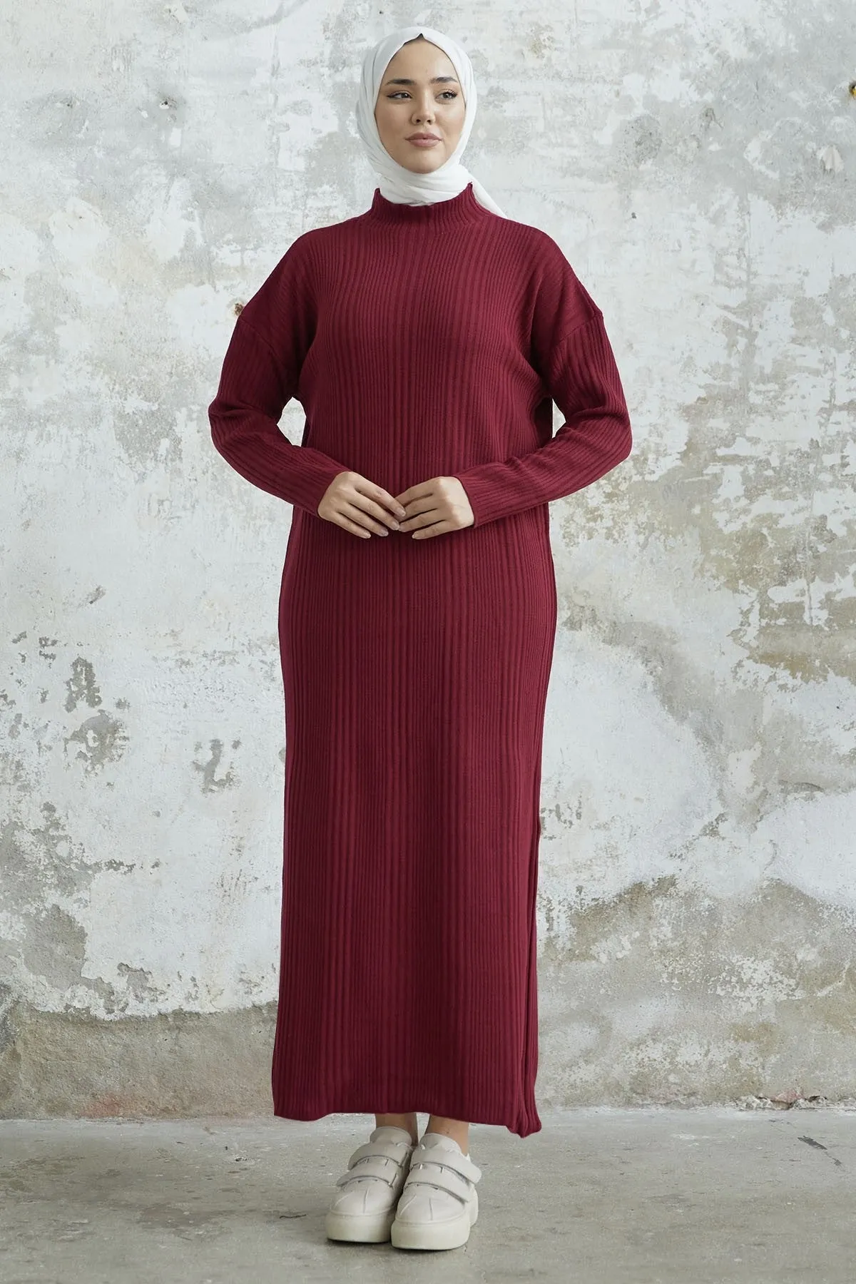 MDS Women Arissa Fisherman Collar Long Knit Dress - Burgundy - Kilmarnock