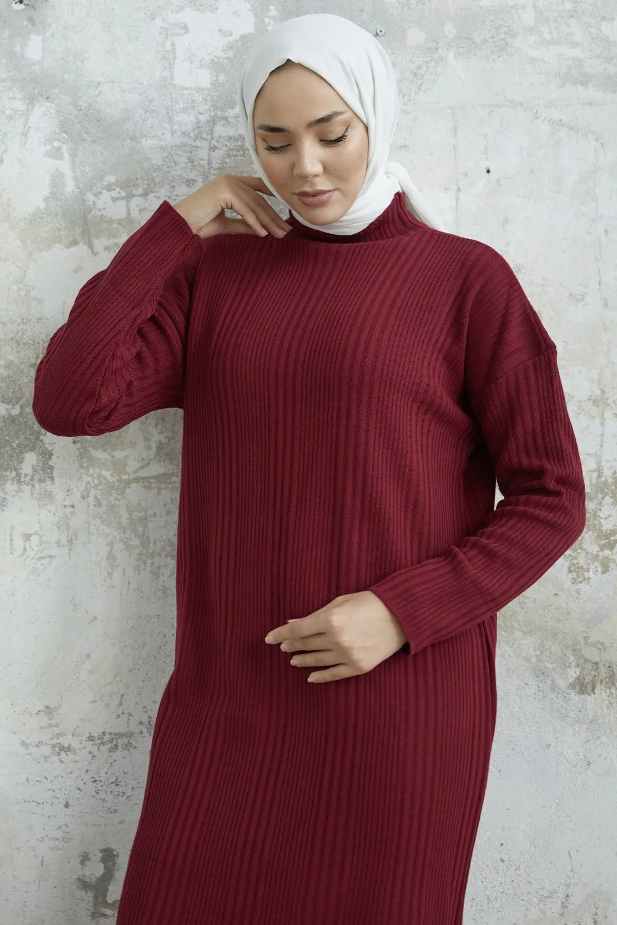 MDS Women Arissa Fisherman Collar Long Knit Dress - Burgundy - Kilmarnock