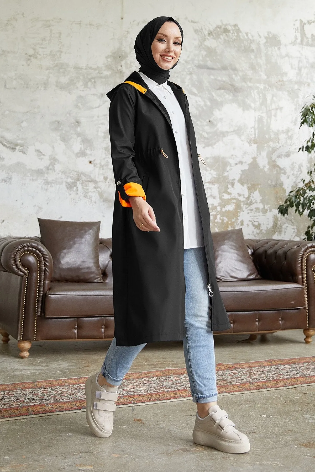 MDS Women Waist Ruffled Hooded Neon Trench Coat - Black \ Orange - Lynchburg