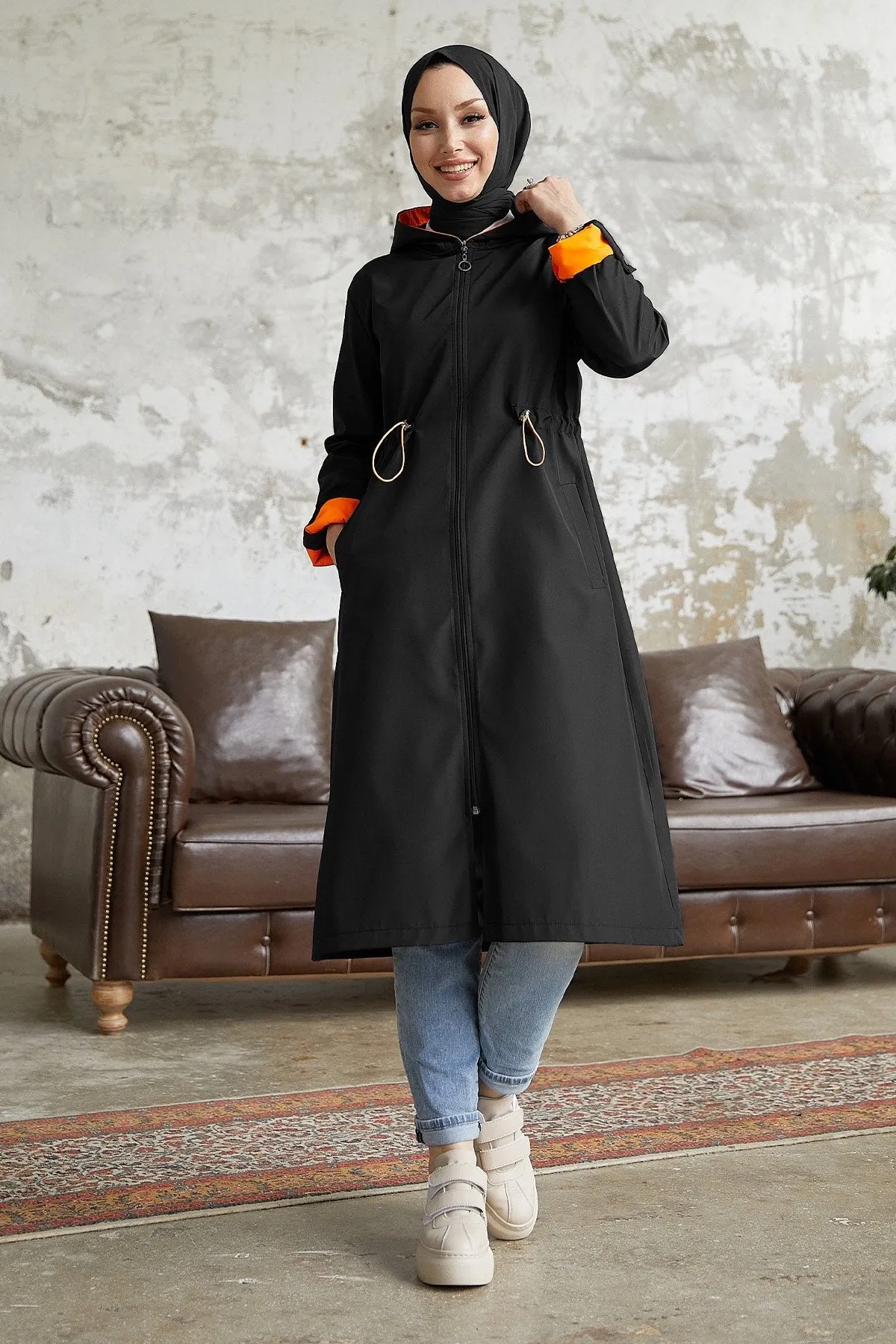 MDS Women Waist Ruffled Hooded Neon Trench Coat - Black \ Orange - Lynchburg