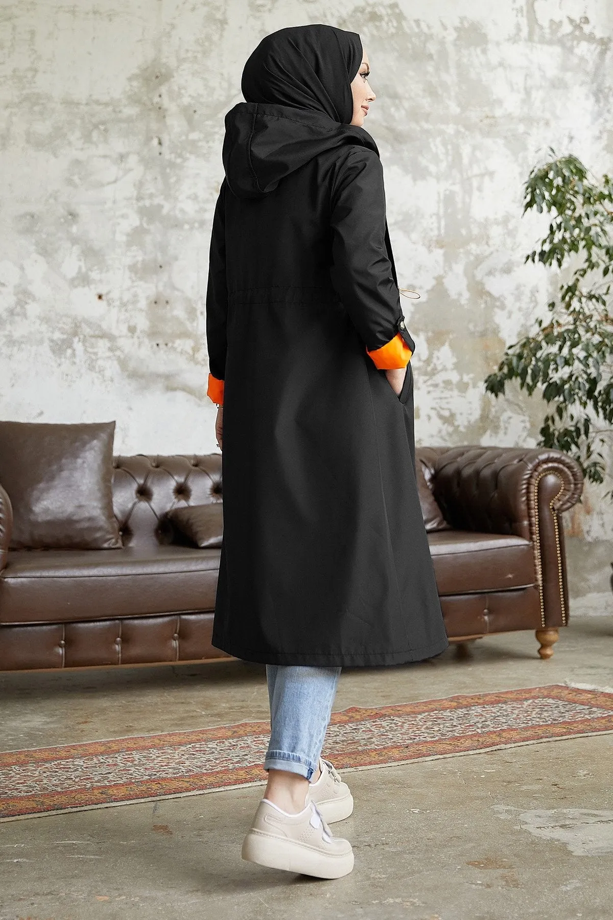 MDS Women Waist Ruffled Hooded Neon Trench Coat - Black \ Orange - Lynchburg