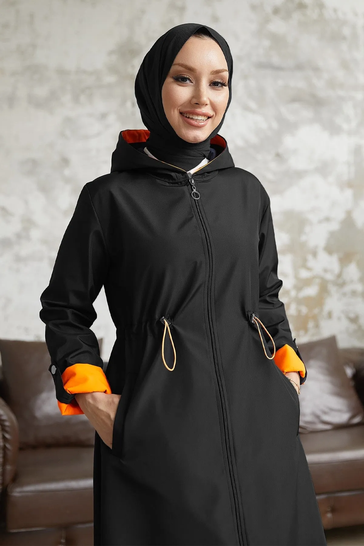 MDS Women Waist Ruffled Hooded Neon Trench Coat - Black \ Orange - Lynchburg