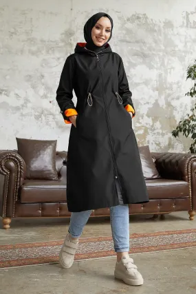 MDS Women Waist Ruffled Hooded Neon Trench Coat - Black \ Orange - Lynchburg