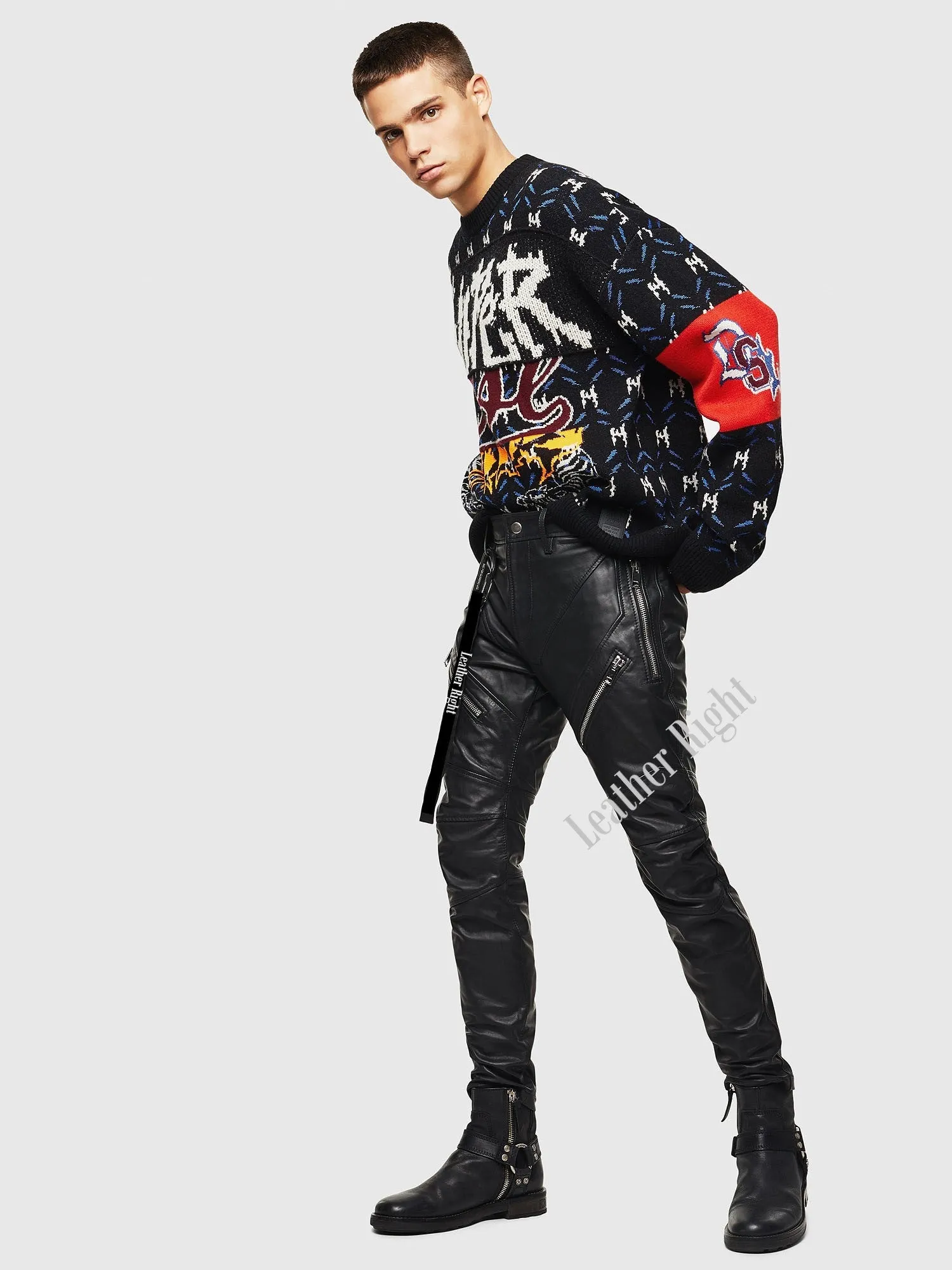 Men's Genuine Leather slim fit Biker pants