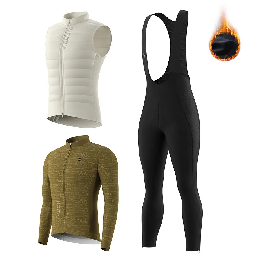 Men's WJ1207 LS Fleeced Jersey   BL3801 Fleeced Bib Tights   CV2301 Windproof Gilet Cycling Sets