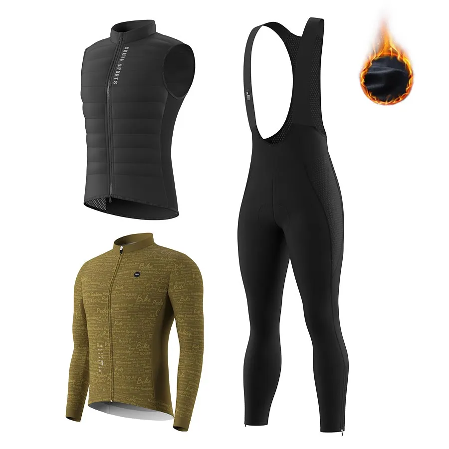 Men's WJ1207 LS Fleeced Jersey   BL3801 Fleeced Bib Tights   CV2301 Windproof Gilet Cycling Sets