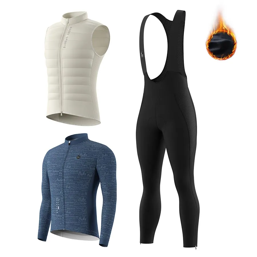 Men's WJ1207 LS Fleeced Jersey   BL3801 Fleeced Bib Tights   CV2301 Windproof Gilet Cycling Sets