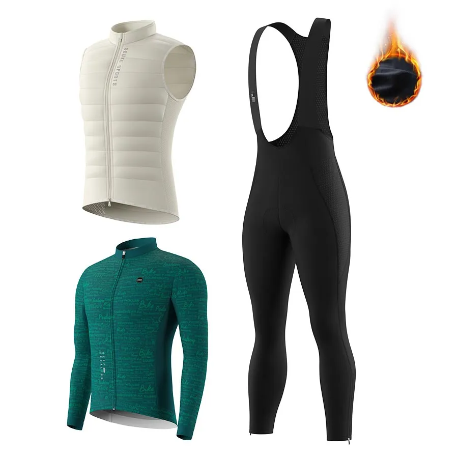 Men's WJ1207 LS Fleeced Jersey   BL3801 Fleeced Bib Tights   CV2301 Windproof Gilet Cycling Sets