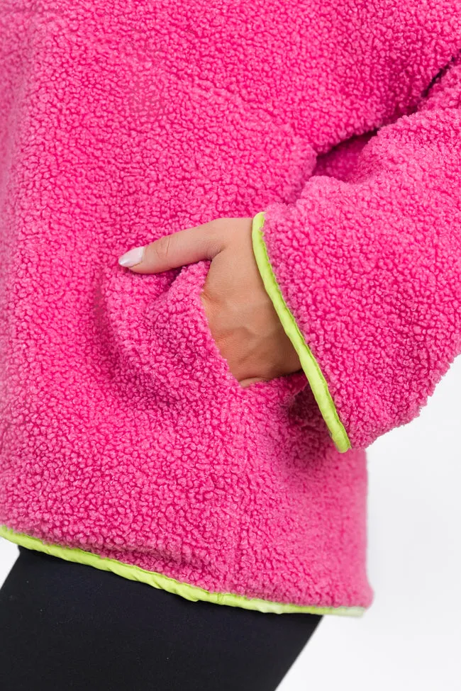 My Go To Pink and Green Sherpa Quarter Zip Hooded Pullover SALE