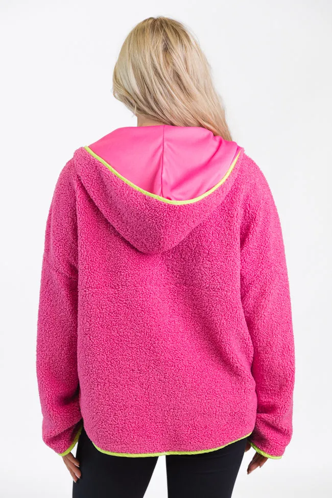 My Go To Pink and Green Sherpa Quarter Zip Hooded Pullover SALE