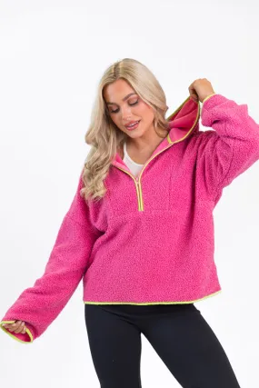 My Go To Pink and Green Sherpa Quarter Zip Hooded Pullover SALE