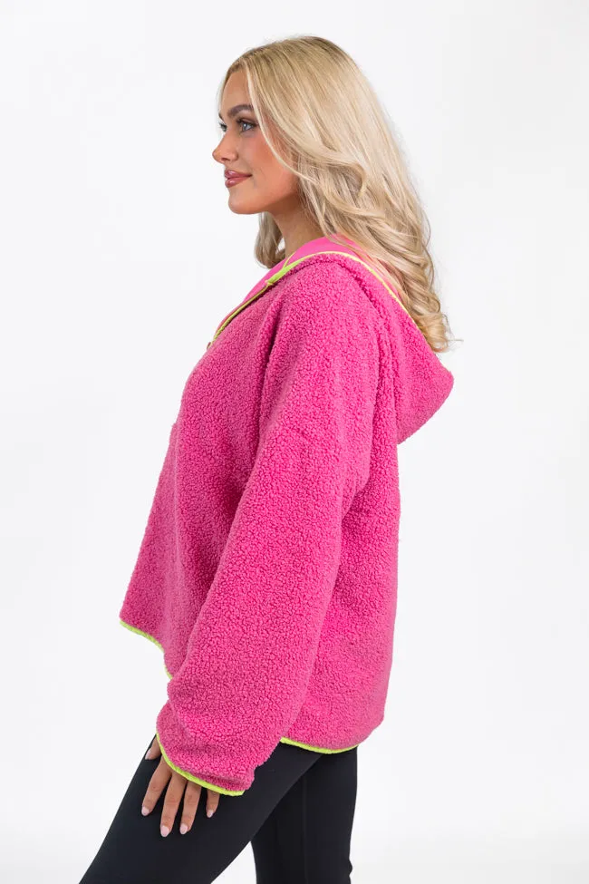 My Go To Pink and Green Sherpa Quarter Zip Hooded Pullover SALE