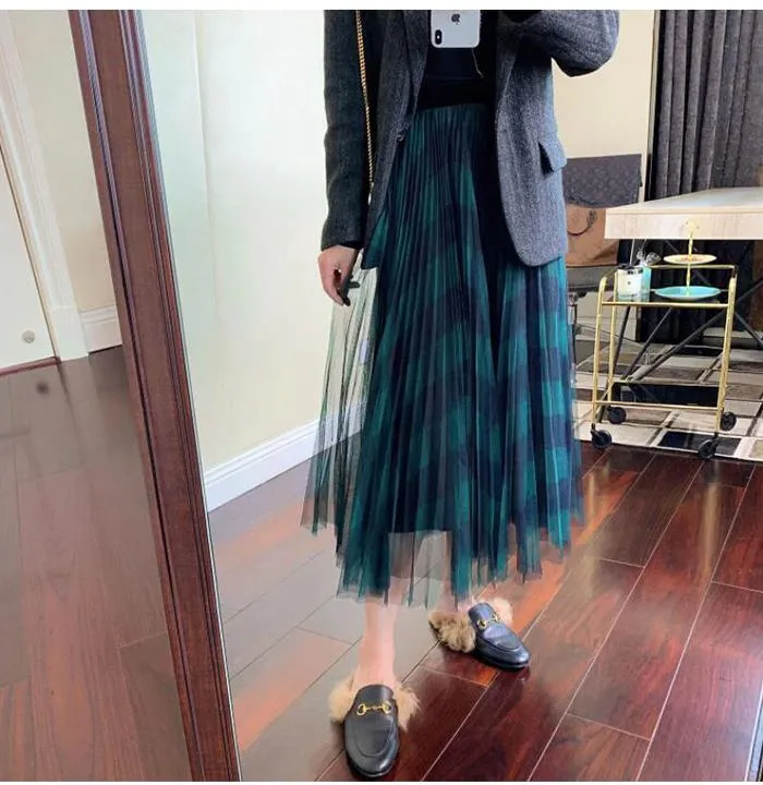 Plaid Long Pleated Tulle Skirt