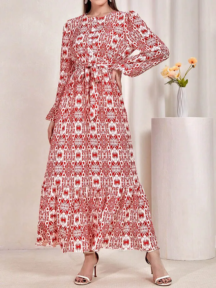 Purpdrank - Female Waistband Print O-Neck Casual Dresses Holiday Women Long Sleeve Maxi Dress Fashion Bohemian Long Robes
