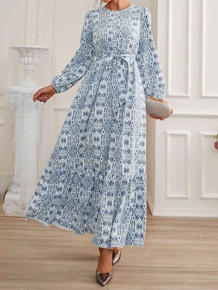 Purpdrank - Female Waistband Print O-Neck Casual Dresses Holiday Women Long Sleeve Maxi Dress Fashion Bohemian Long Robes