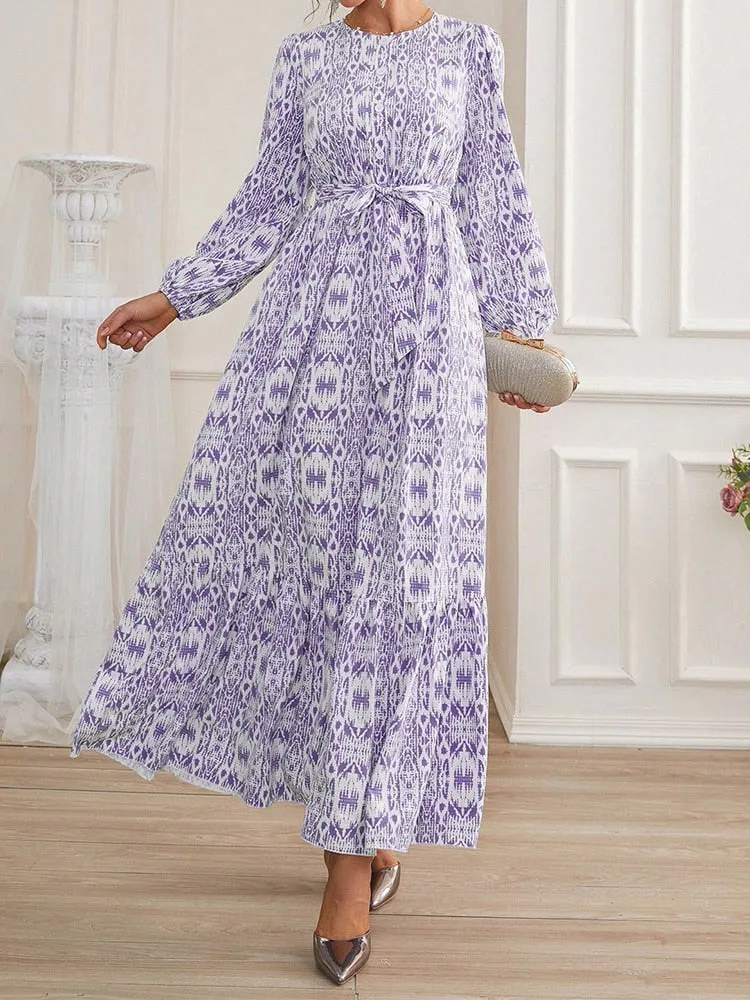 Purpdrank - Female Waistband Print O-Neck Casual Dresses Holiday Women Long Sleeve Maxi Dress Fashion Bohemian Long Robes