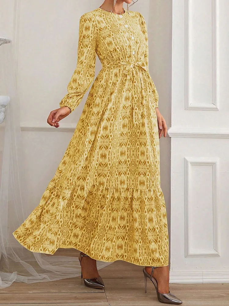 Purpdrank - Female Waistband Print O-Neck Casual Dresses Holiday Women Long Sleeve Maxi Dress Fashion Bohemian Long Robes
