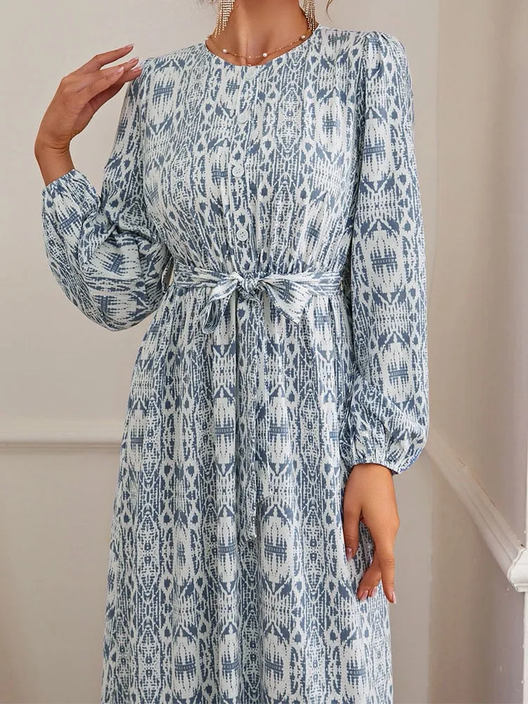Purpdrank - Female Waistband Print O-Neck Casual Dresses Holiday Women Long Sleeve Maxi Dress Fashion Bohemian Long Robes