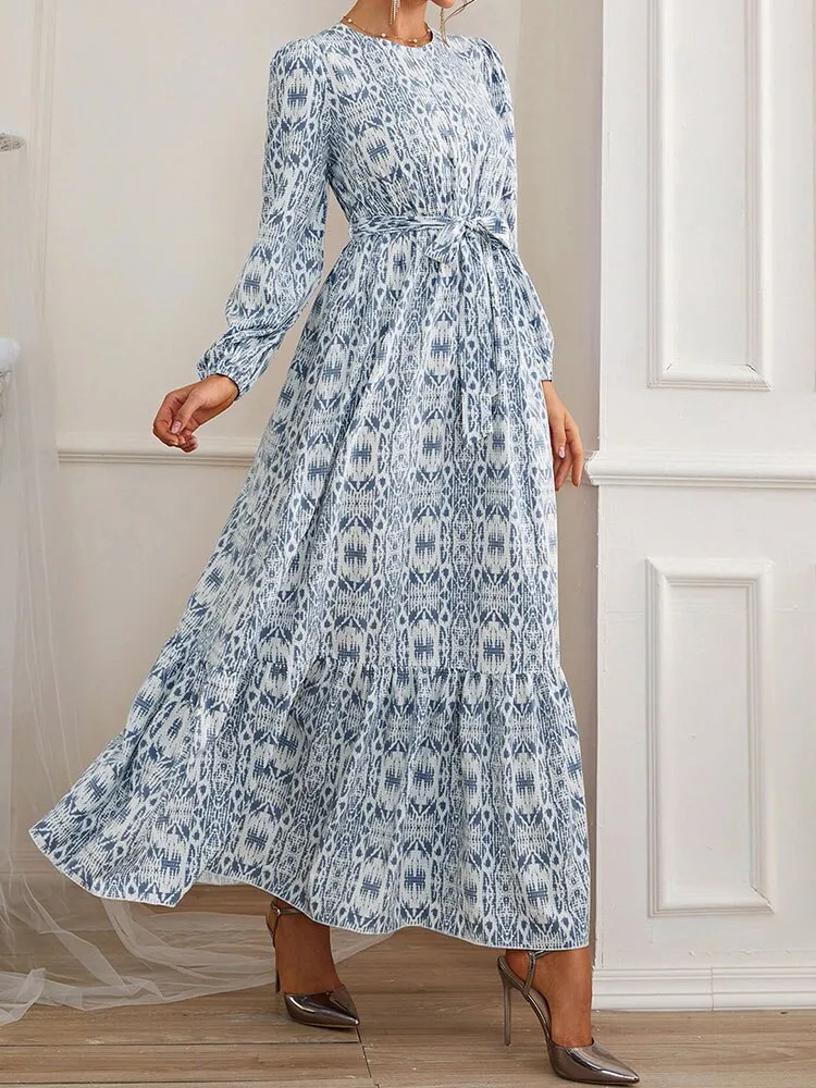 Purpdrank - Female Waistband Print O-Neck Casual Dresses Holiday Women Long Sleeve Maxi Dress Fashion Bohemian Long Robes