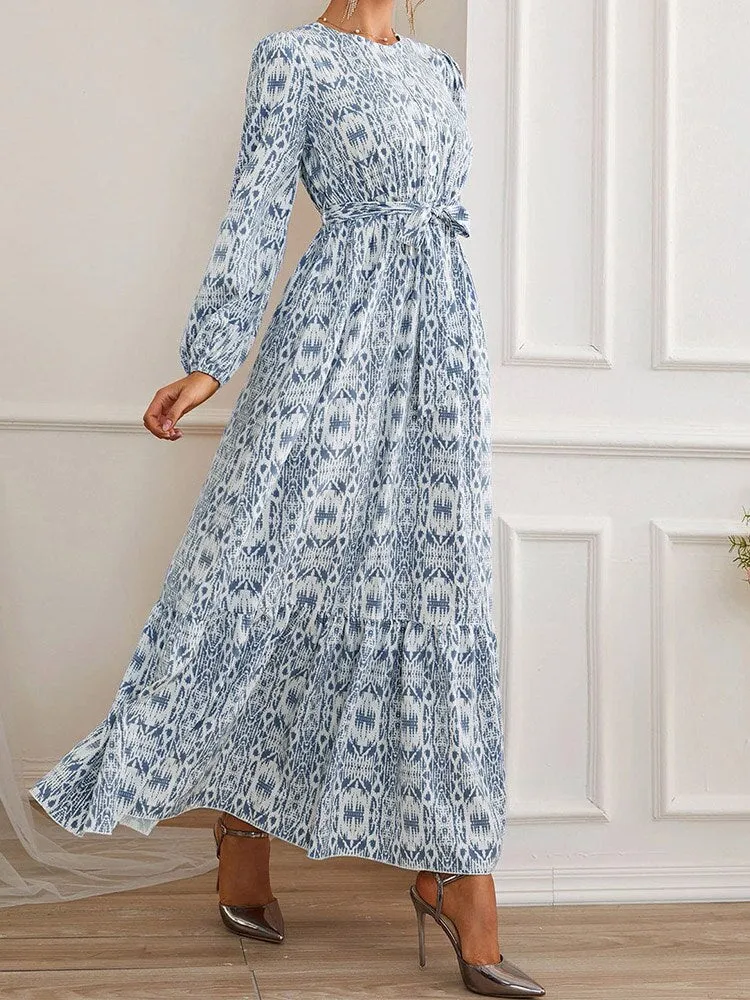 Purpdrank - Female Waistband Print O-Neck Casual Dresses Holiday Women Long Sleeve Maxi Dress Fashion Bohemian Long Robes