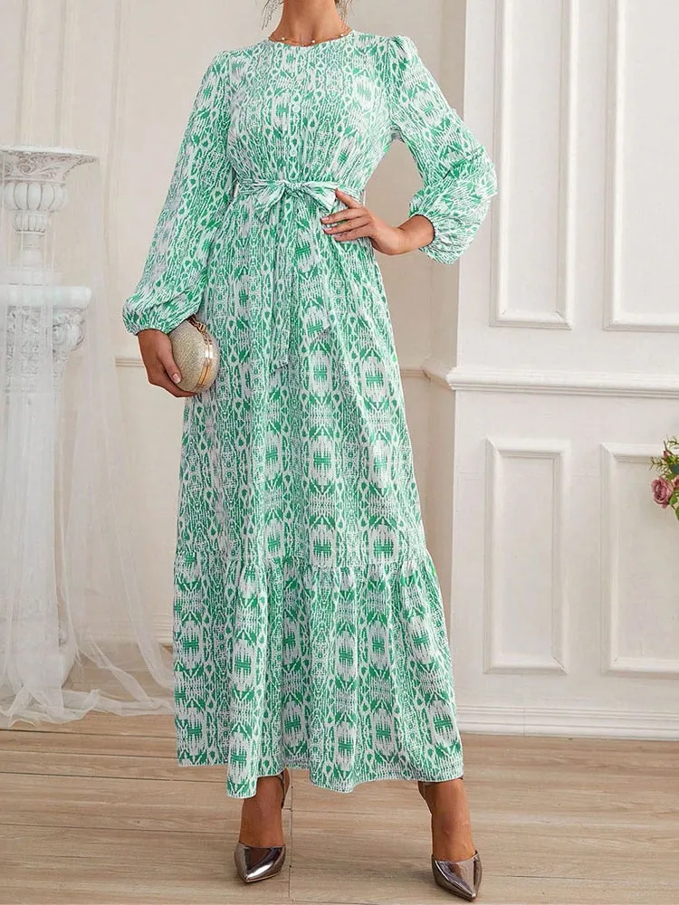 Purpdrank - Female Waistband Print O-Neck Casual Dresses Holiday Women Long Sleeve Maxi Dress Fashion Bohemian Long Robes