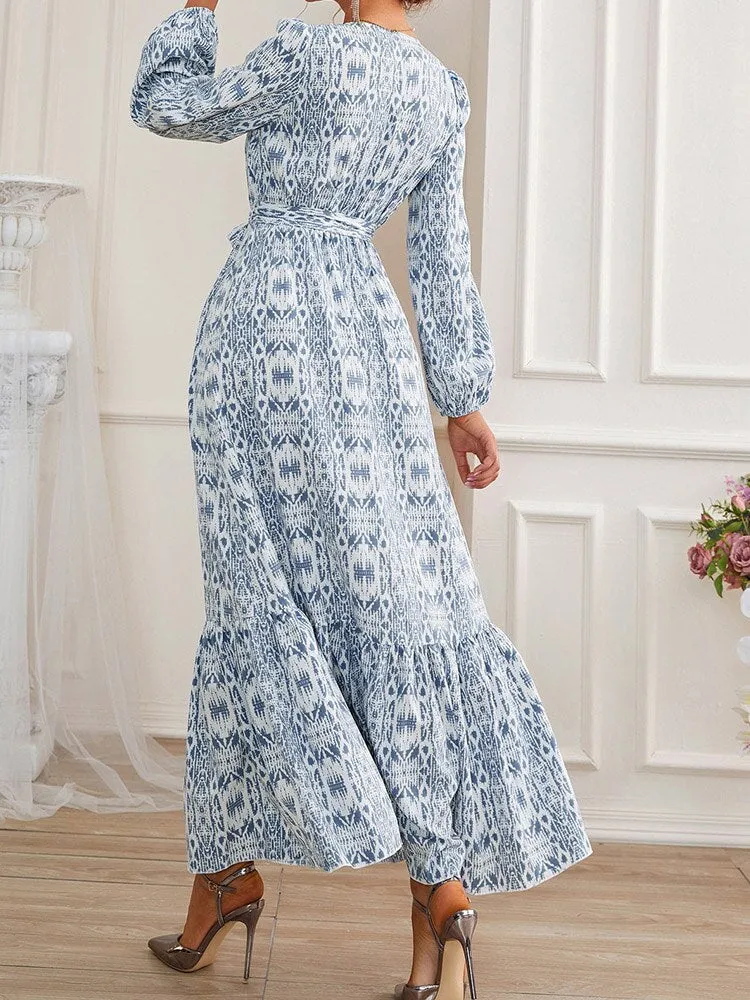Purpdrank - Female Waistband Print O-Neck Casual Dresses Holiday Women Long Sleeve Maxi Dress Fashion Bohemian Long Robes