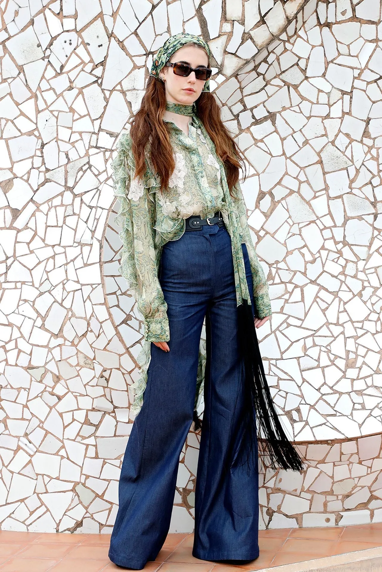 Ruffled Shirt with Flared Jeans